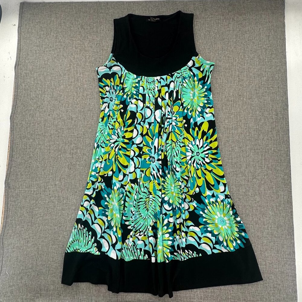 Susan Lawrence Shift Dress Small Stretch Floral Round Neck Green & Black